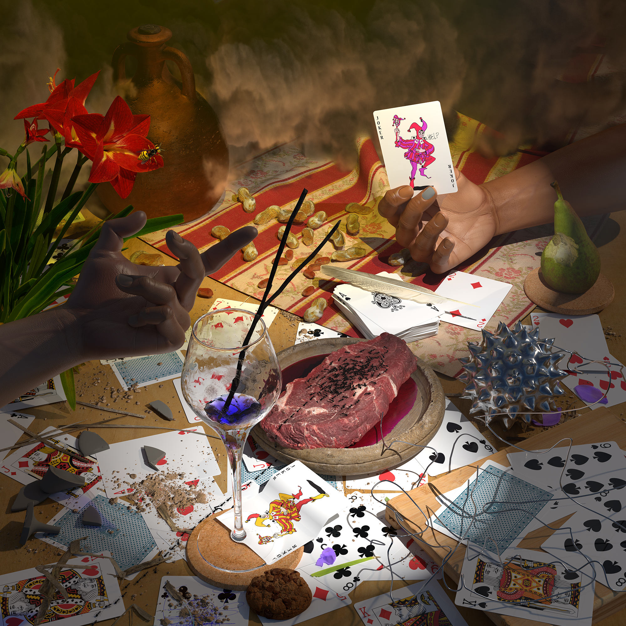 Detailed 3D render of scattered playing cards, Mau Mau theme