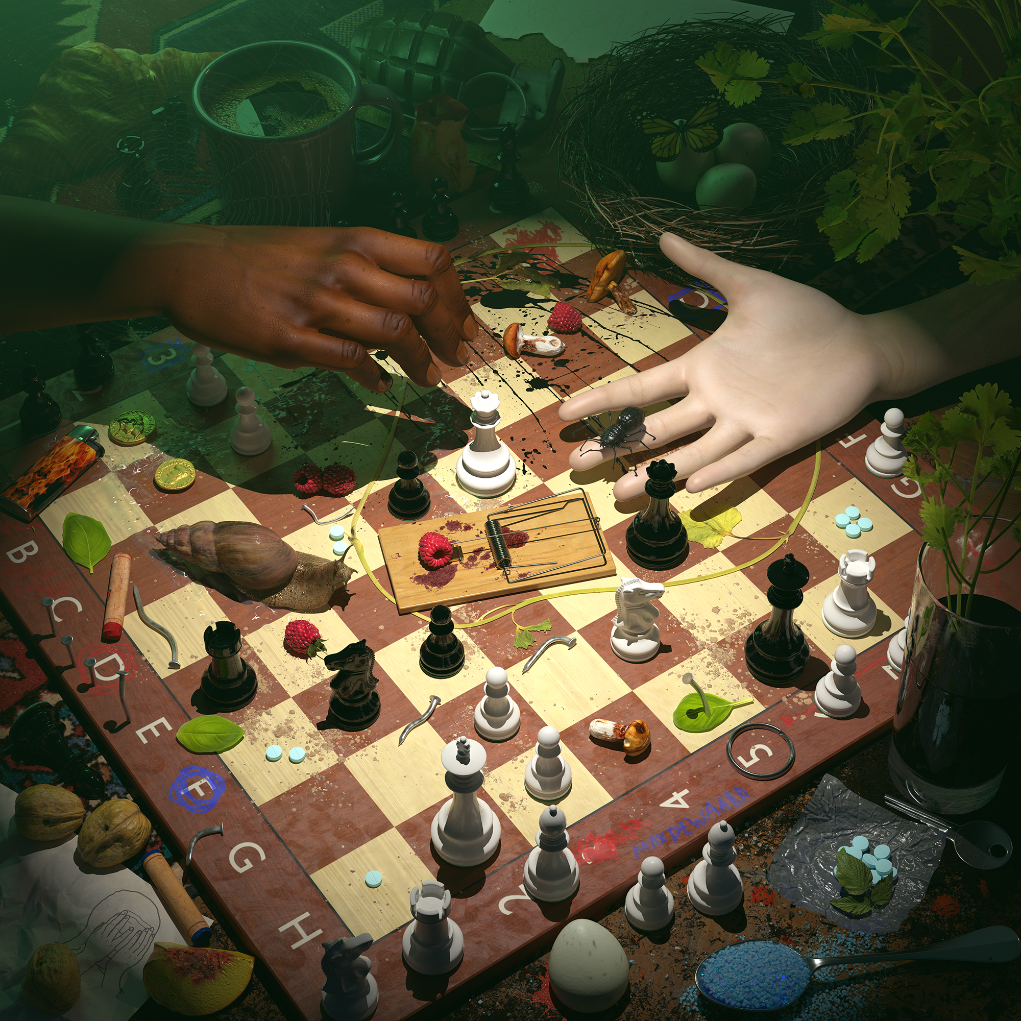 Detailed 3D render of a chessboard with pieces in Bongcloud opening